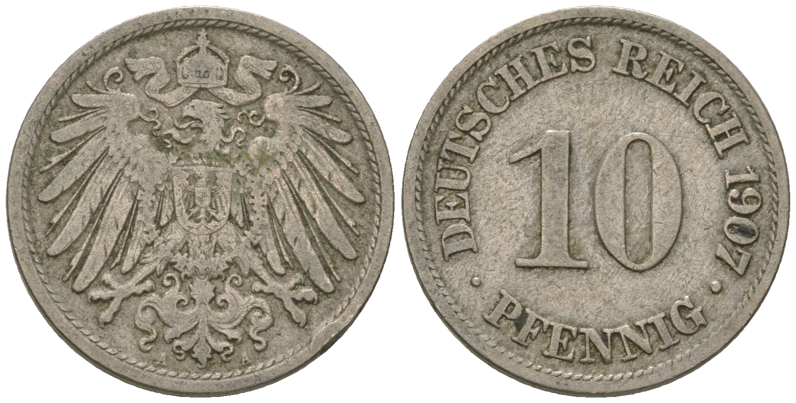 Германия 10 пфеннигов 1907 A KM 12, J. 13 медно-никель 4641-436
