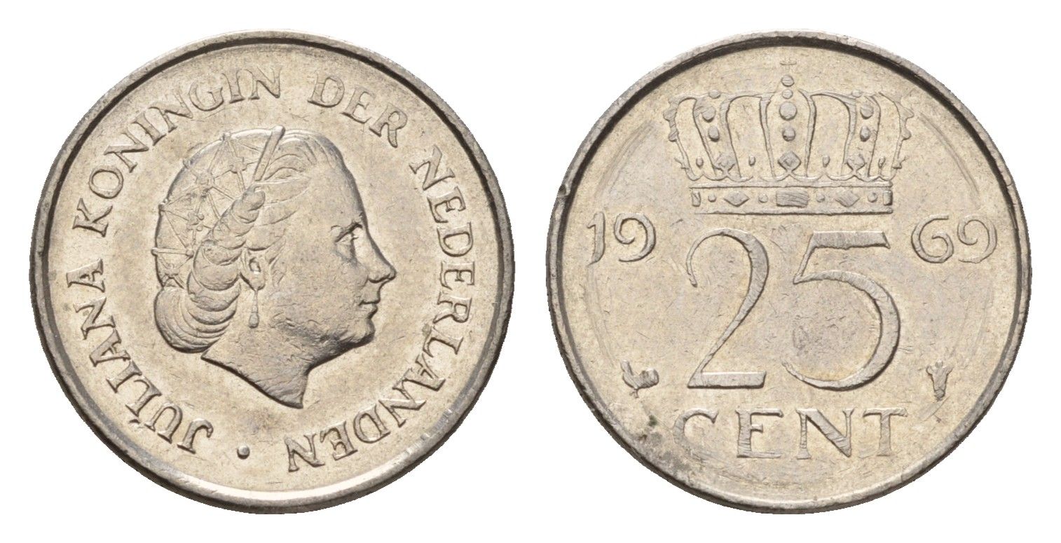 Нидерланды 25 центов 1969 Юлиана (1948-1980) KM 183 никель 206-631