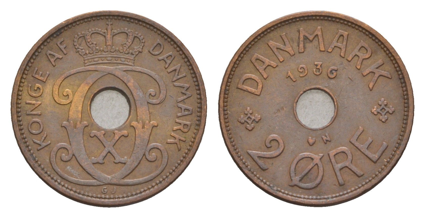 Дания 2 эре 1936 N, Кристиан X (1912-1947) KM 827 бронза 4658-238