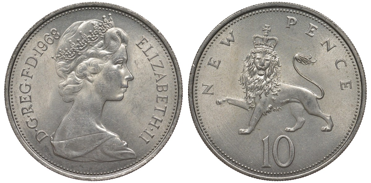 Великобритания 10 пенсов 1968 Елизавета II (1952-2022) KM 912, Spink 4231 (F1) медно-никель 4123-826
