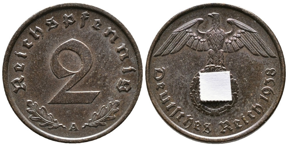 ГЕРМАНИЯ 2 РЕЙХСПФЕННИГА 1938 A KM 90, J. 362 бронза 24-811