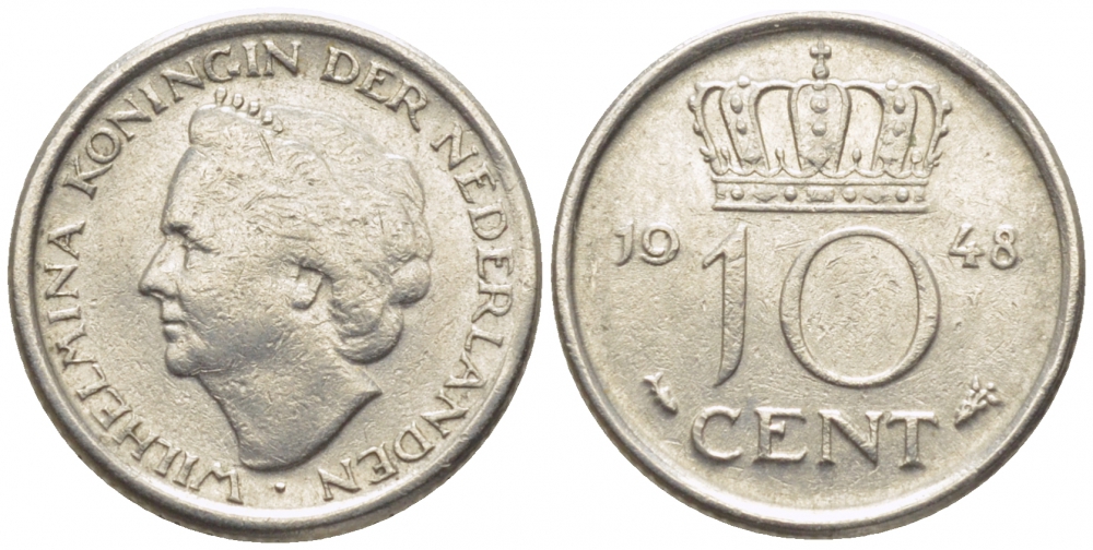 Нидерланды 10 центов 1948 Вильгельмина (1895-1948) KM 177 никель 112-263