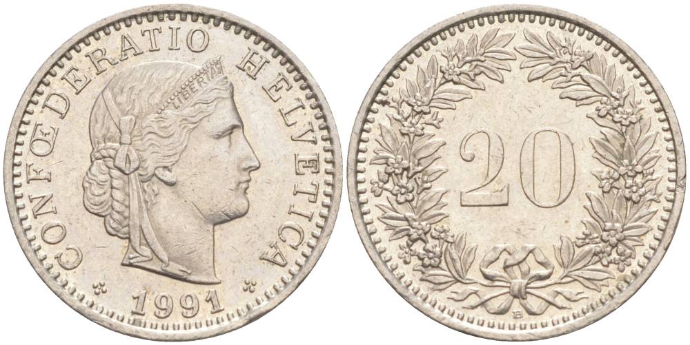 ШВЕЙЦАРИЯ 20 РАППЕНОВ 1991 В KM 29a медно-никель 55-1035