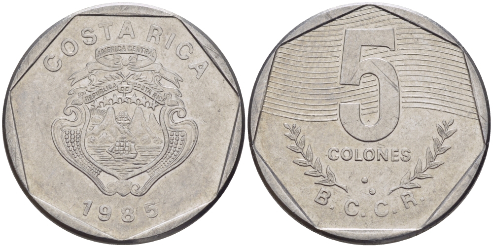Коста-Рика 5 колонов 1985 B.C.C.R. KM 214.2 нержавеющая сталь 67-953