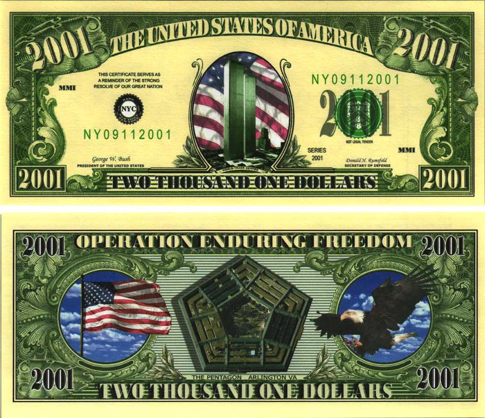 США 2001 ДОЛЛАР 2001 СУВЕНИРНАЯ БАНКНОТЫ, БАШНИ БЛИЗНЕЦЫ И ПЕНТАГОН, ТЕРРОРИСТИЧЕСКАЯ АТАКА 11 СЕНТЯБРЯ 2001 ГОДА бумага UNC (ПРЕСС) 7198-36-3-1