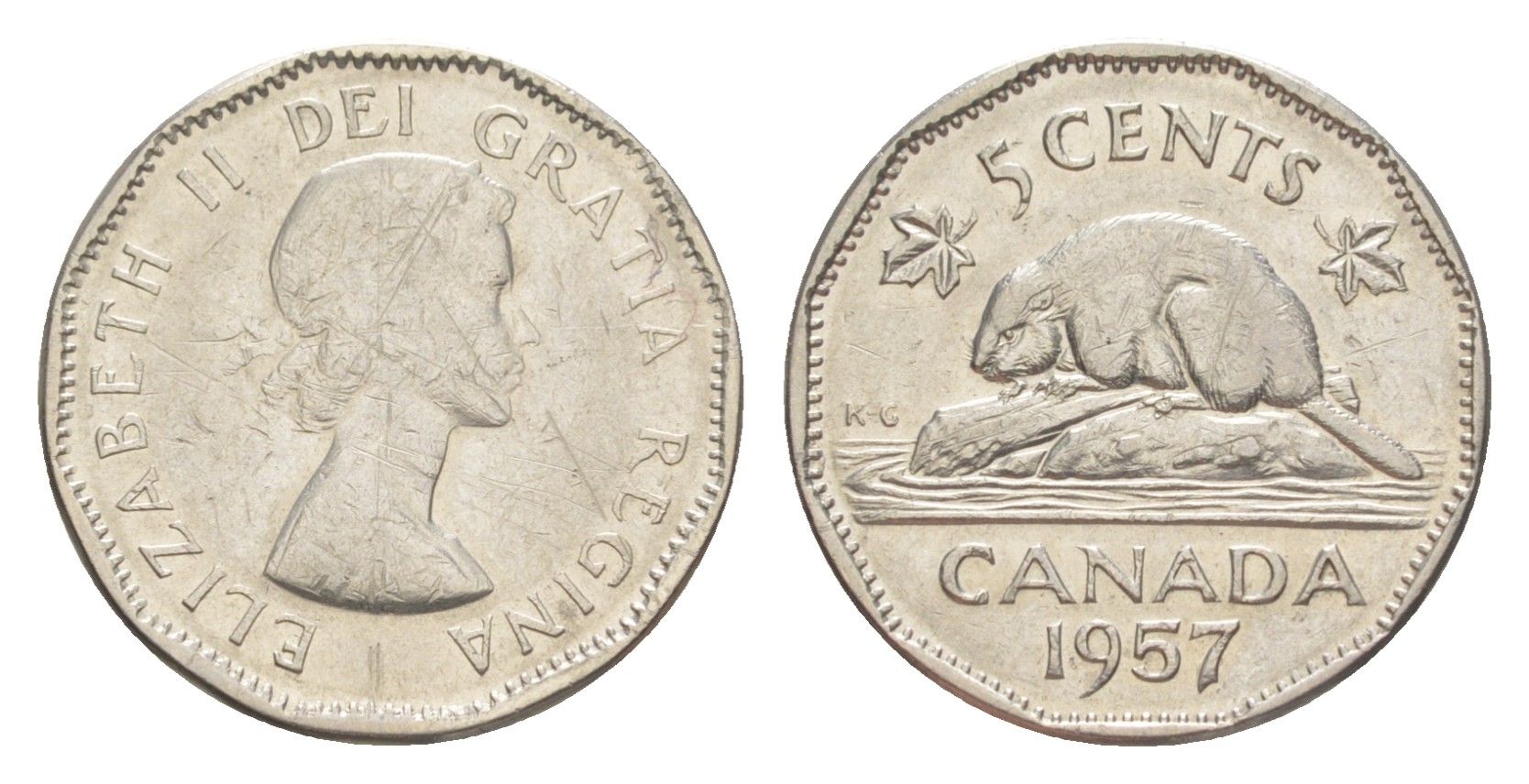 Канада 5 центов 1957 Елизавета II (1952-2022), бобр KM 50a никель 4639-434