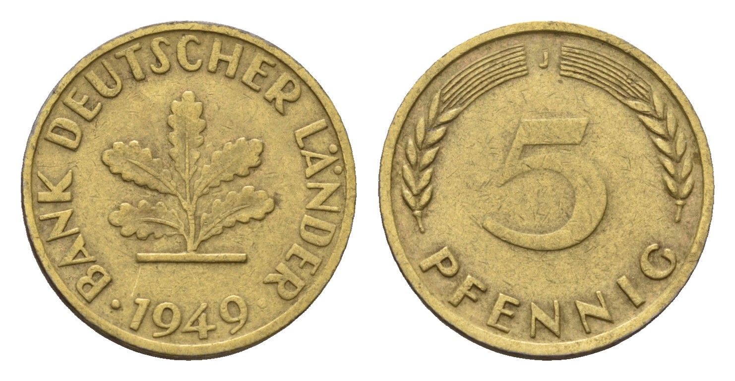 ФРГ 5 пфеннигов 1949 J KM 102, J. 377 сталь плакированная латунью 4685-413