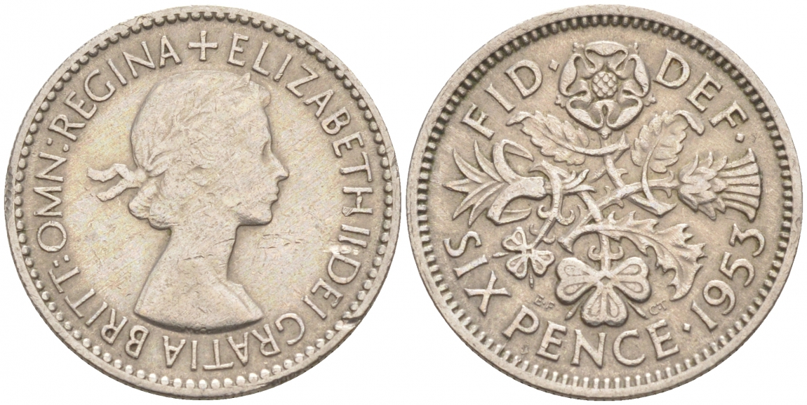Великобритания 6 пенсов 1953 Елизавета II (1952-2022) KM 889, Spink 4141 медно-никель 4549-429