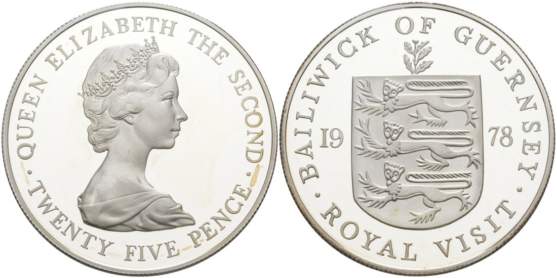 Гернси 25 пенсов 1978 Королевский визит, в оригинальной коробке KM 32a серебро PROOF 3-4-4-17