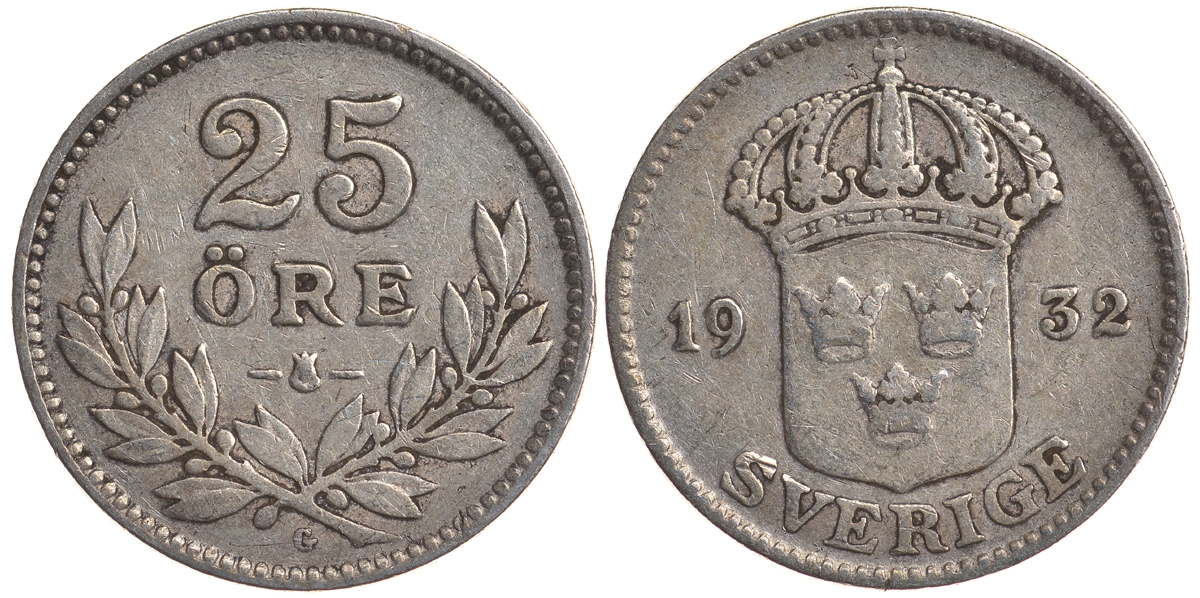 Швеция 25 эре 1932 G, Густав V (1907-1950) KM 785 серебро 4179-845