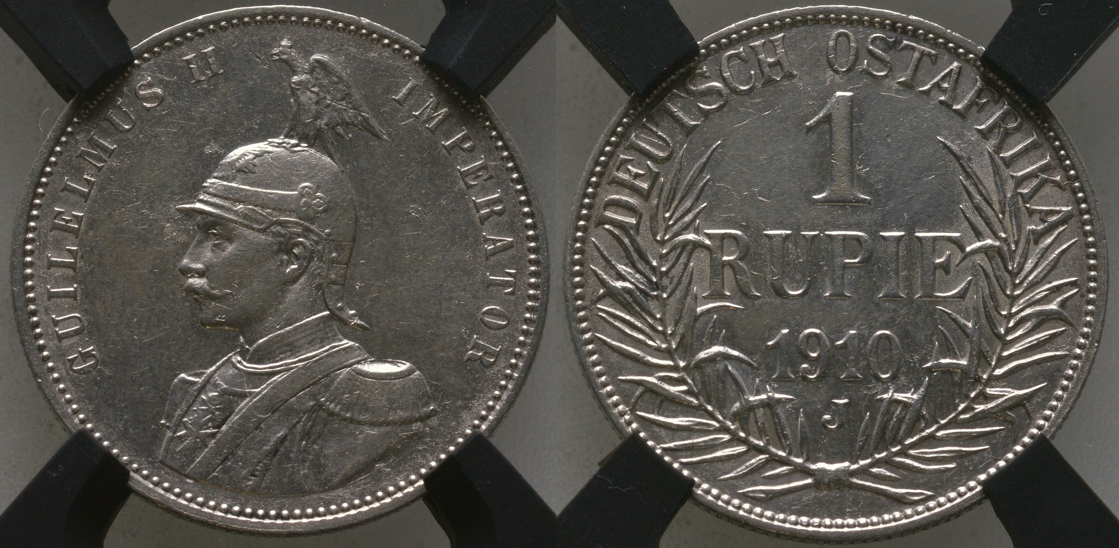 Немецкая Восточная Африка (Танзания) 1 рупия 1910 J, Ost-Africa, Вильгельм II (1888-1918), в слабе RNGA AU DETAILS Jaeger 722, KM 10 серебро    15-011-04