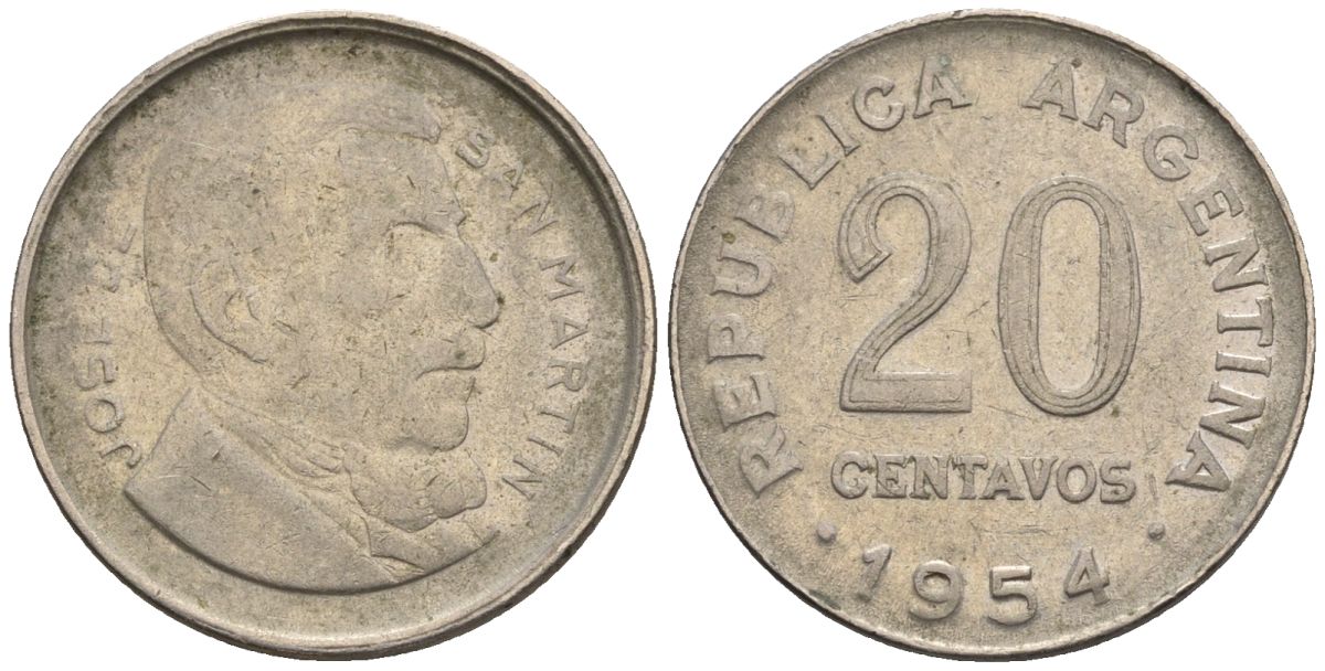 Аргентина 20 сентаво 1954 генерал Хосе де Сан Мартин KM 52, CJ 233, Schon 51a.2 сталь плакированная никелем    60-947