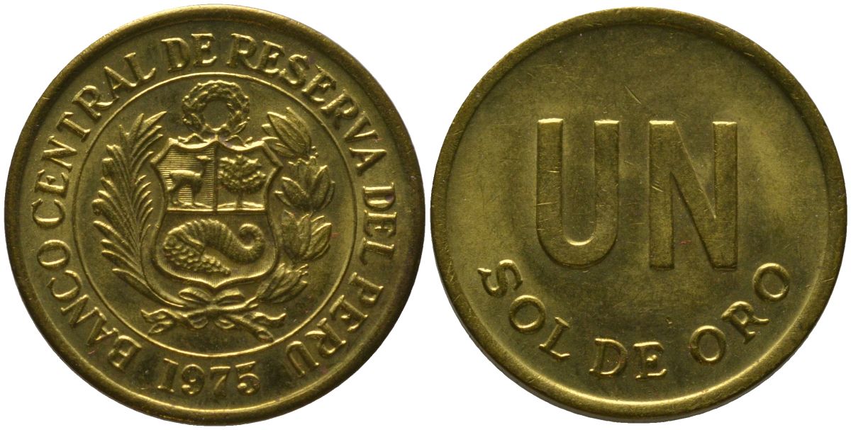 Перу 1 соль 1975 KM 266.1, Schon 66 латунь UNC 4532-542