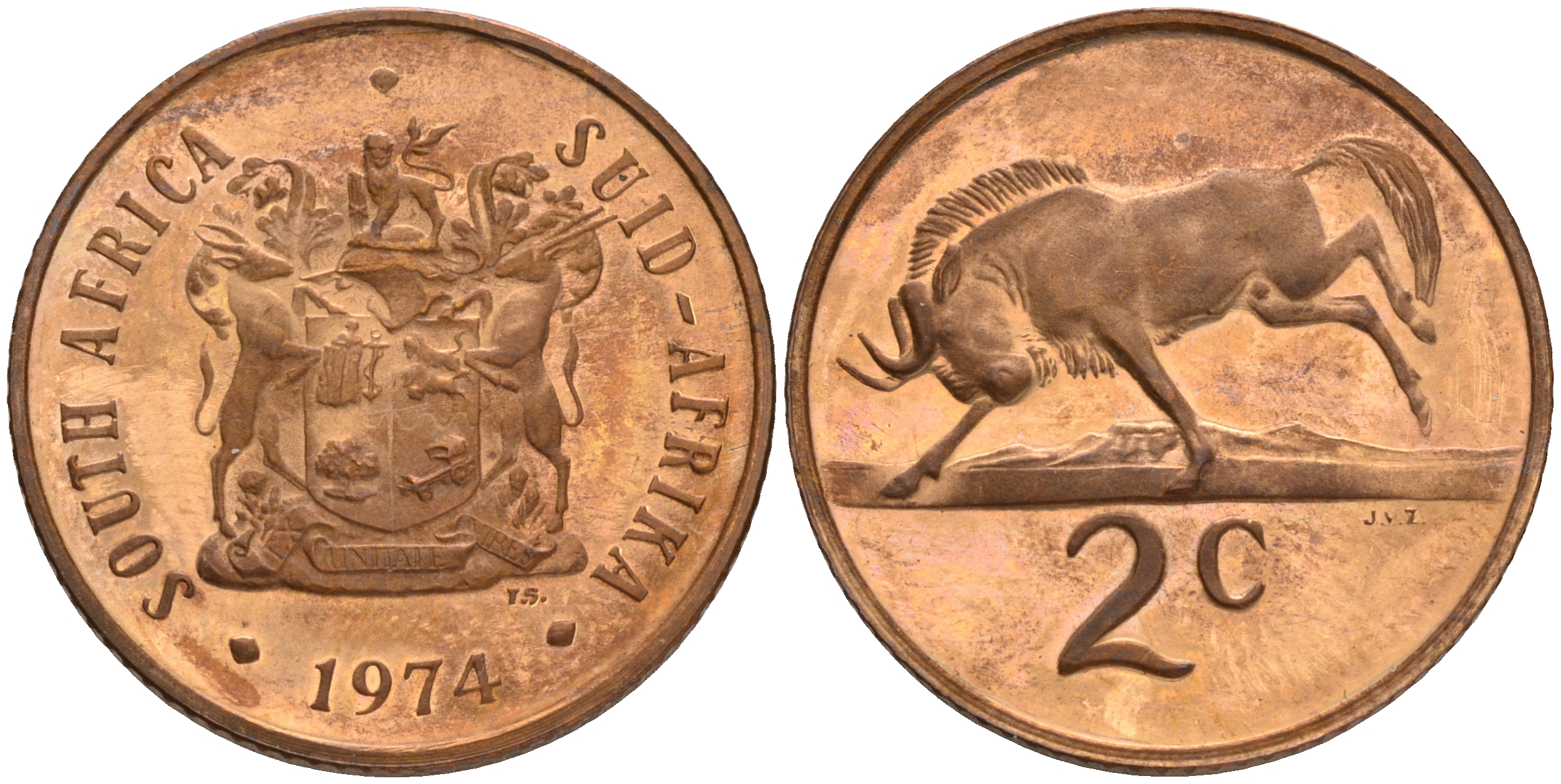 ЮАР 2 цента 1974 герб, антилопа гну KM 83 бронза UNC 4561-715