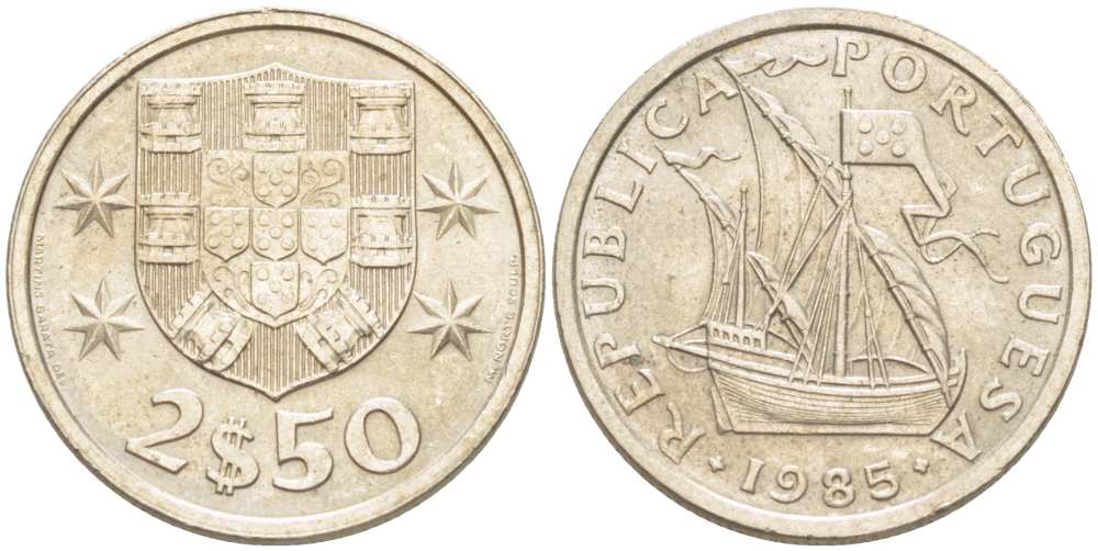 ПОРТУГАЛИЯ 2,5 ЭСКУДО 1985 ПАРУСНИК KM 590 медно-никель XF+ 4513-1211