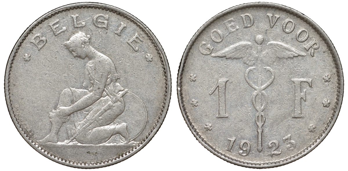 Бельгия 1 франк 1923 Belgie, Альберт I (1909-1934) KM 90 никель 51-1145