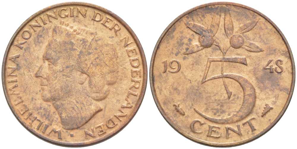 НИДЕРЛАНДЫ 5 ЦЕНТОВ 1948 ВИЛЬГЕЛЬМИНА (1890-1948) KM 176 бронза 212-1026