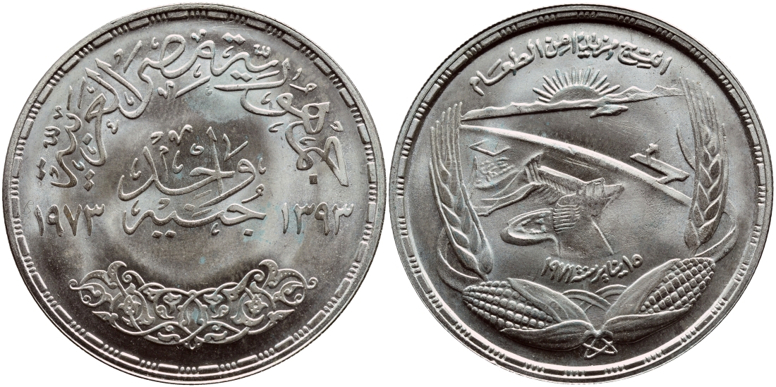 Египет 1 фунт 1973 АН1393, FAO, Асуанский гидроузел на реке Нил, ГЭС, плотина, початки кукурузы, колосья KM 439 серебро UNC 633-721