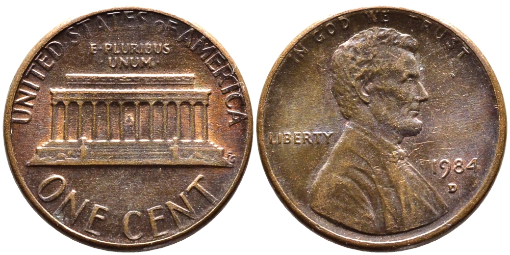 США 1 ЦЕНТ 1984 D, ЛИНКОЛЬН KM 201b цинк плакированный медью 4178-247