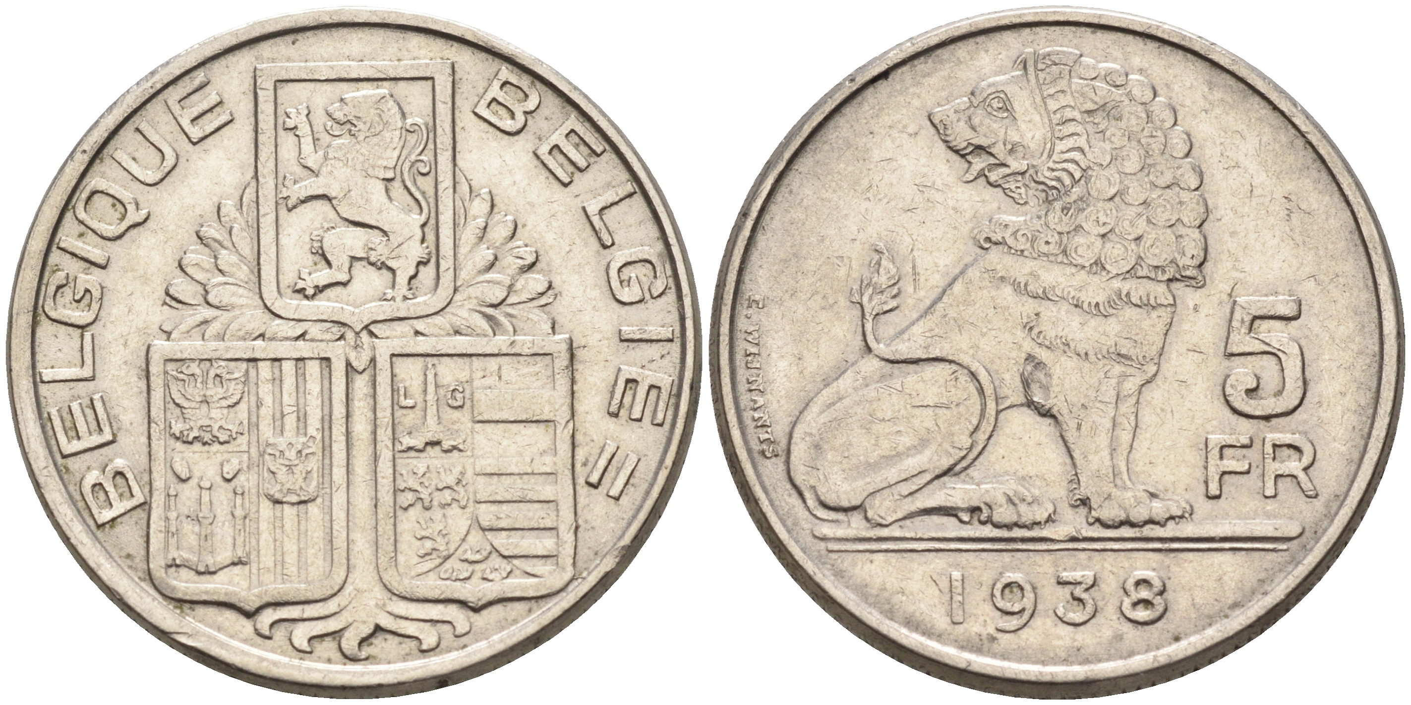 Бельгия 5 франков 1938 Belgique-Belgie KM 116.1 никель    4595-127