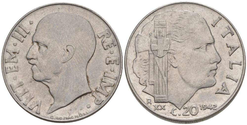 ИТАЛИЯ 20 ЧЕНТЕЗИМО 1942 R, ГОД XX, ВИКТОР ЭММАНУИЛ III (1900-1946), МАГНИТНАЯ, ГУРТ РИФЛЁНЫЙ KM 75b, VEM3. 1029 нержавеющая сталь 3853-431