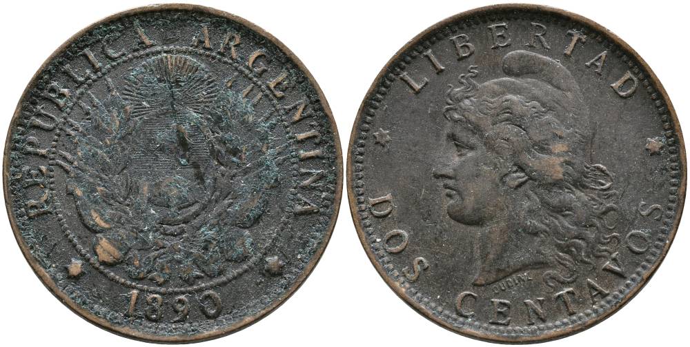 Аргентина 2 сентаво 1890 голова свободы влево KM 8 бронза 4531-945