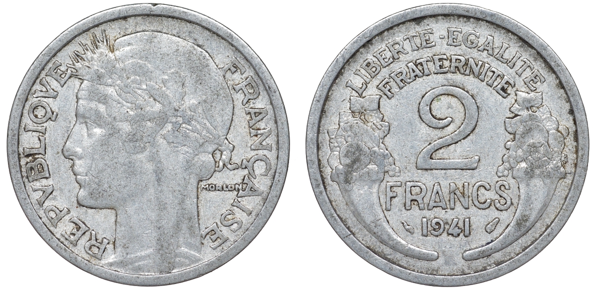 Франция 2 франка 1941 KM 886a алюминий 4165-715