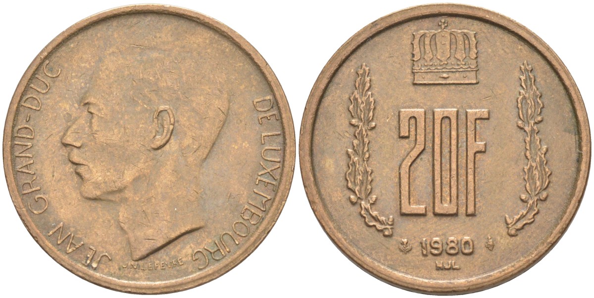 Люксембург 20 франков 1980 герцог Жан (1964-1999) KM 58 алюминиевая бронза 3336-524