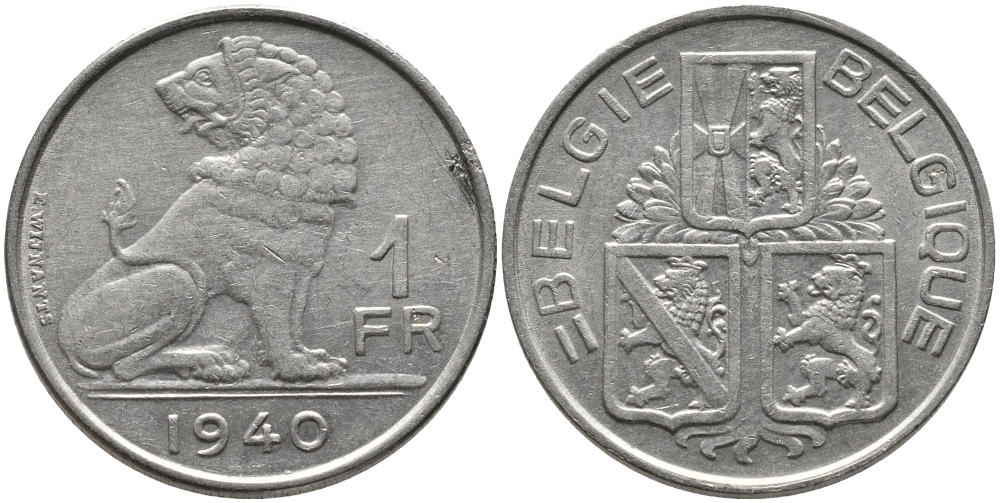 БЕЛЬГИЯ 1 ФРАНК 1940 BELGIE-BELGIQUE KM 120 никель 4385-1053