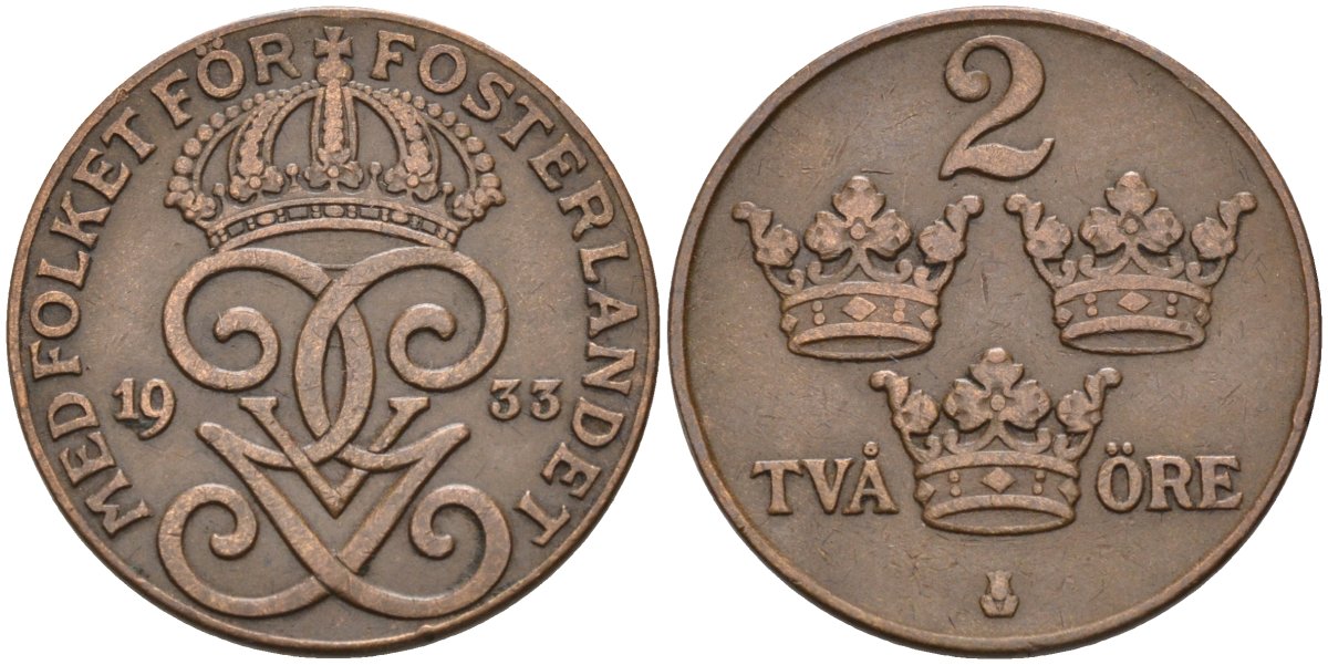 Швеция 2 эре 1933 Густав V (1907-1950) KM 778 бронза 4591-332