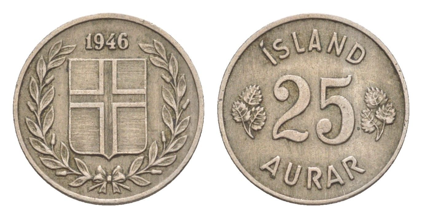 Исландия 25 эйре 1946 KM 11 медно-никель 4617-353