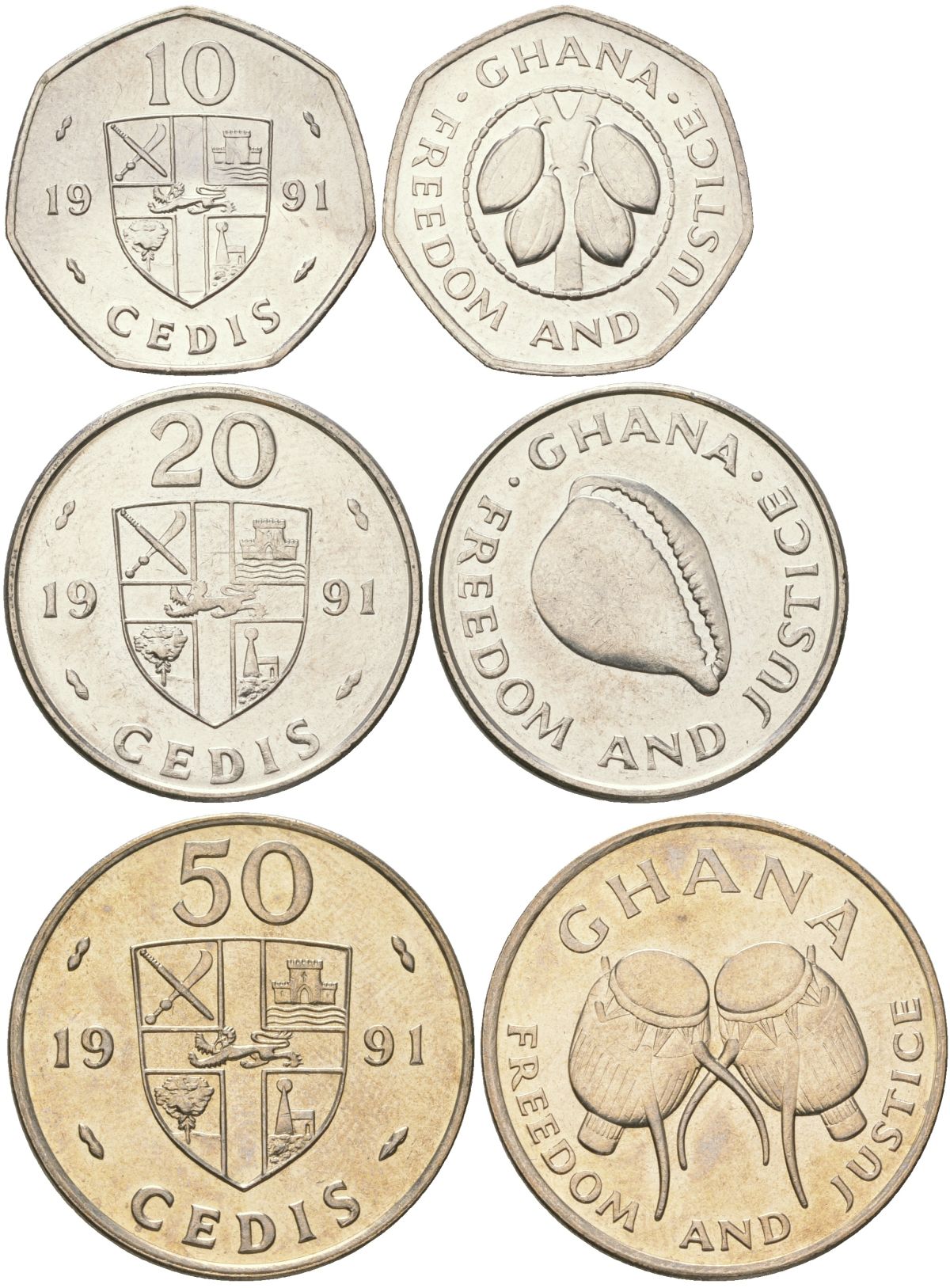 Гана набор из 3 монет (10, 20 и 50 седи) 1991 барабаны KM 29, 30 и 31 медно-никель, сталь плакированная никелем UNC 4612-956-957