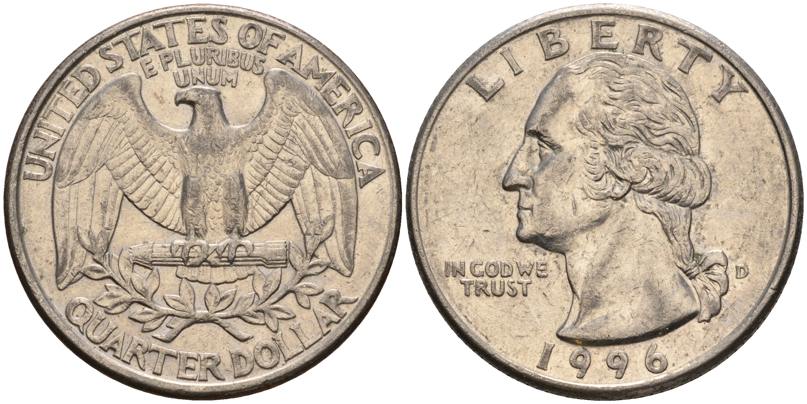 США 25 центов (квотер) 1996 D, Вашингтон KM А164а медь плакированная медно-никелем    4603-1012