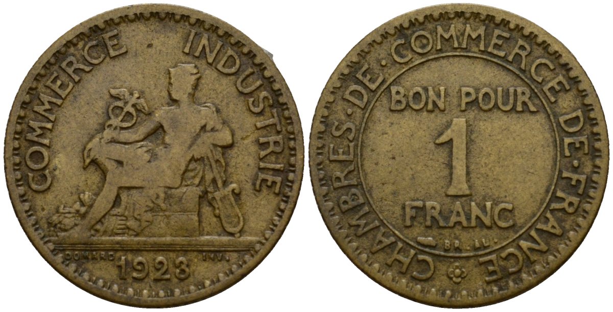 Франция 1 франк 1923 KM 876 алюминиевая бронза 4601-731