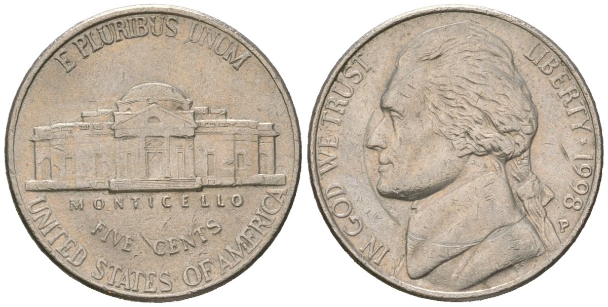 США 5 центов 1998 P, Томас Джефферсон KM A192 медно-никель aUNC 216-547