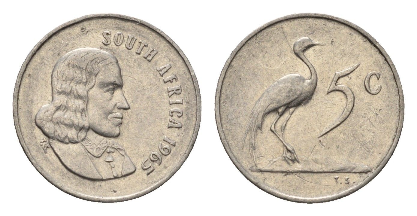 ЮАР 5 центов 1965 Ян ван Рибек (1619-1677), South Africa, легенда на англинском, райский журавль KM 67.1 медно-никель 4694-367