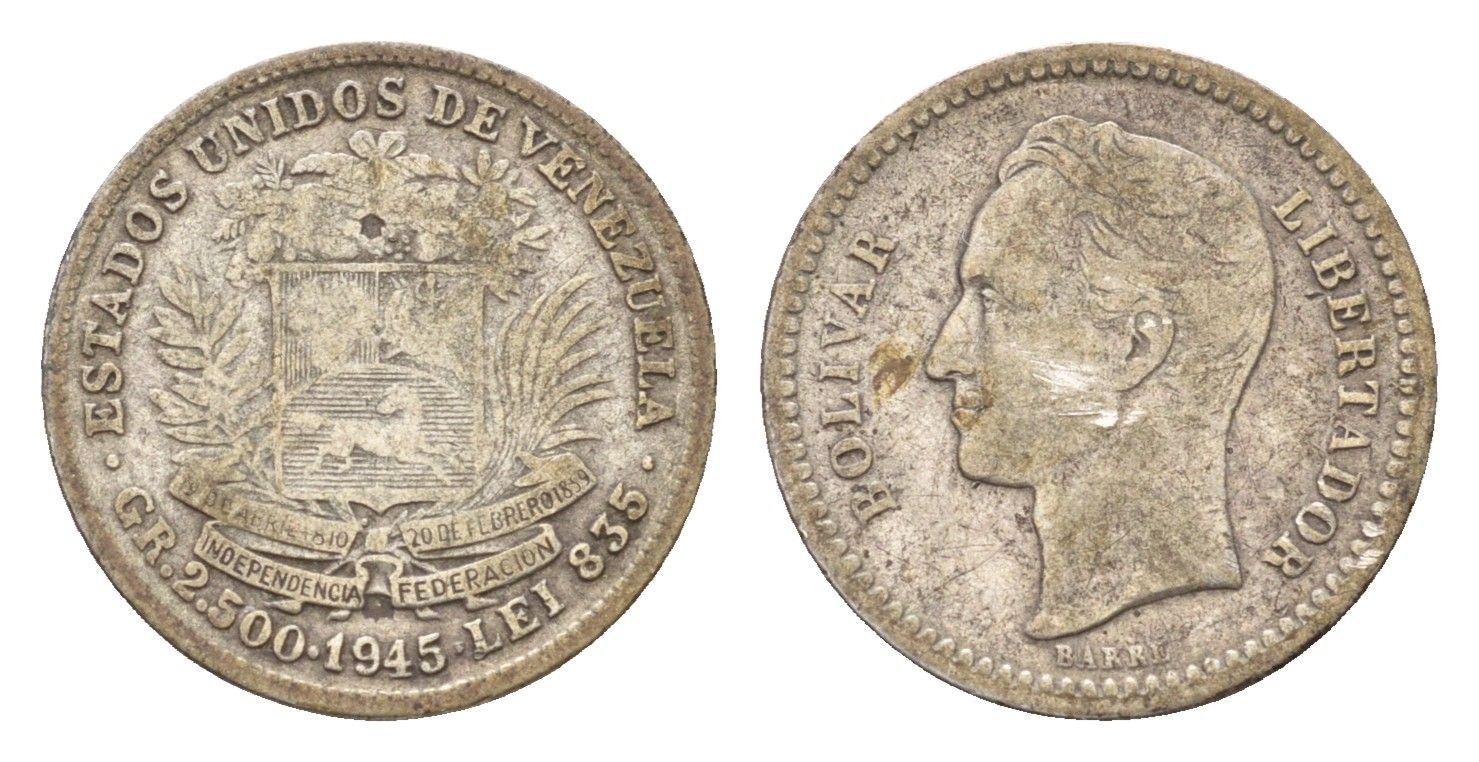 Венесуэла 1/2 боливара 1945 Y 21a серебро 4669-1151