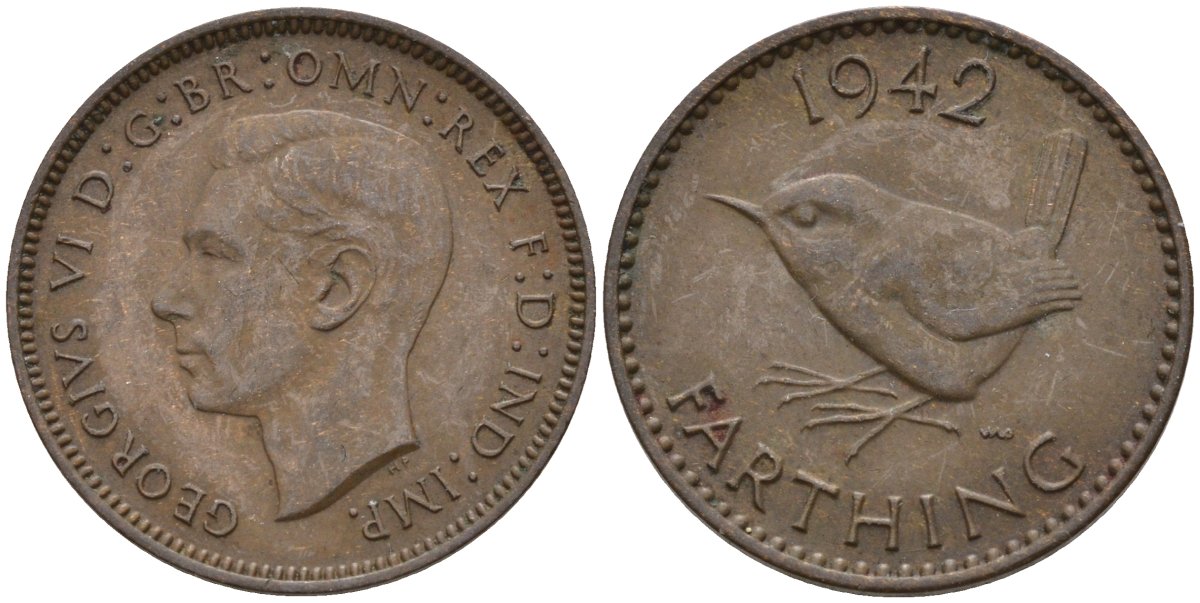 Великобритания 1 фартинг 1942 Георг VI (1936-1952) KM 843, Spink 4116 бронза 4596-963
