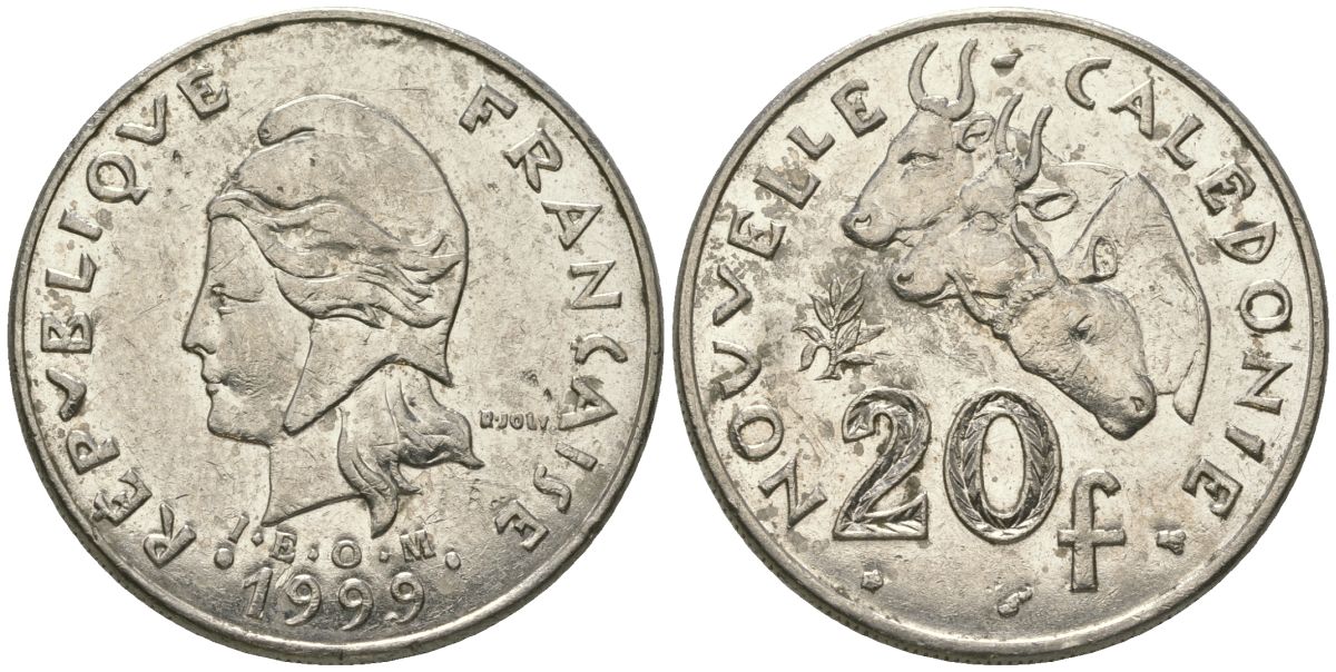 Французская Новая Каледония 20 франков 1999 три быка, (IEOM) KM 12, Schoen 14, Lec 115c никель 81-335