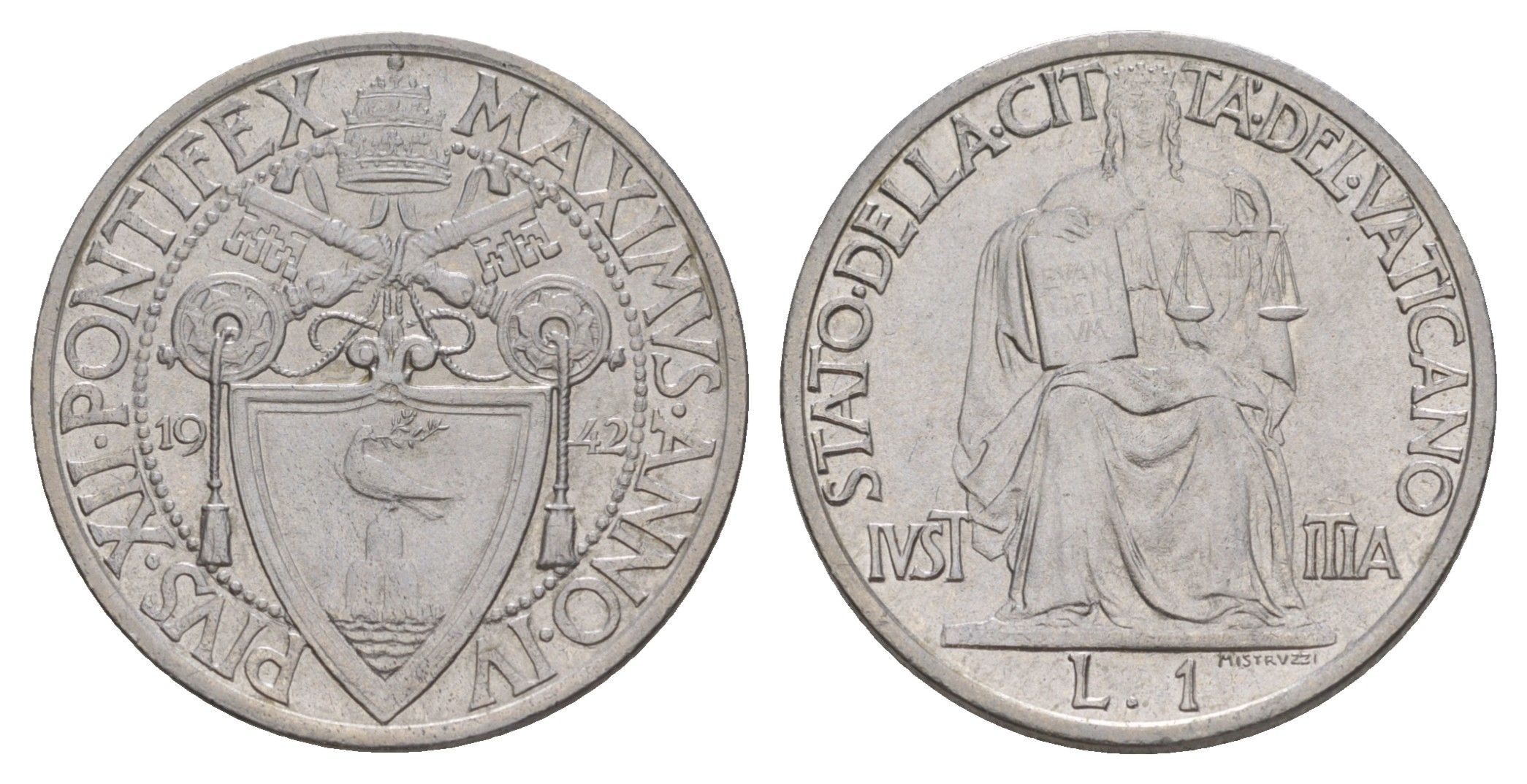Ватикан 1 лира 1942 KM 35 нержавеющая сталь aUNC 4633-1213