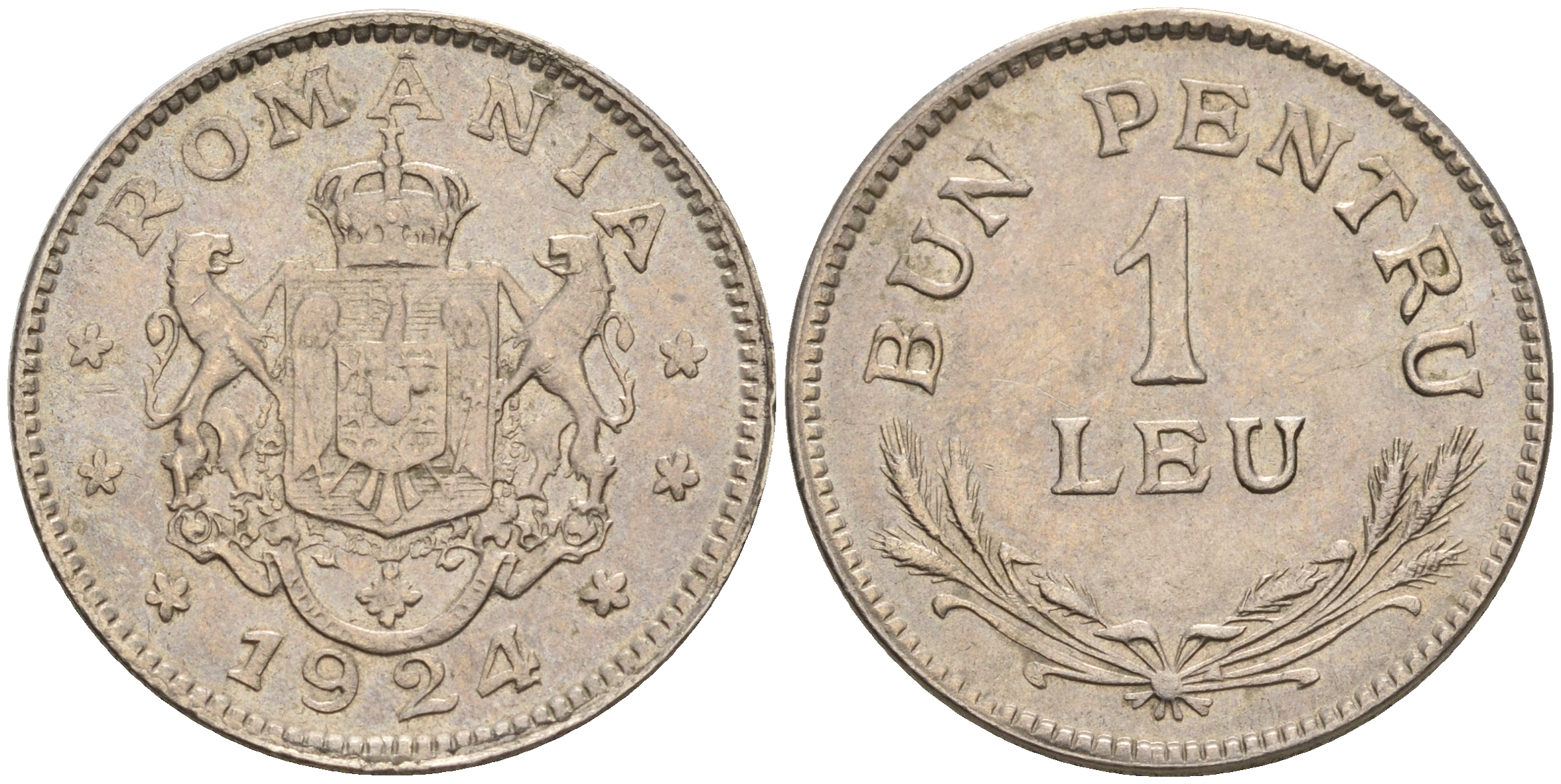 Румыния 1 лей 1924 Фердинанд I (1914-1927) KM 46 медно-никель  aUNC  93-331