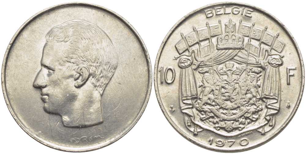 БЕЛЬГИЯ 10 ФРАНКОВ 1970 BELGIE, БОДУЭН I (1951-1993) KM 156.1 никель 115-641