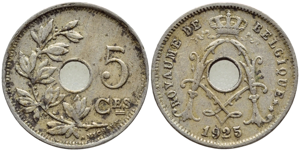 Бельгия 5 сантимов 1925 Belgique, Альберт I (1909-1934) KM 66 медно-никель 4396-356