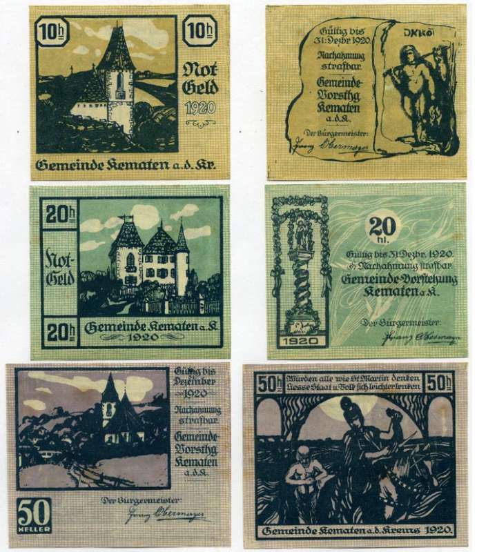 Австрия, Кематен-ан-дер-Кремс набор из 3 банкнот 10, 20, 50 геллеров 1920 31 декабря 1920, нотгельд, земля Верхняя Австрия   бумага  UNC (пресс) 7555-26-1-2