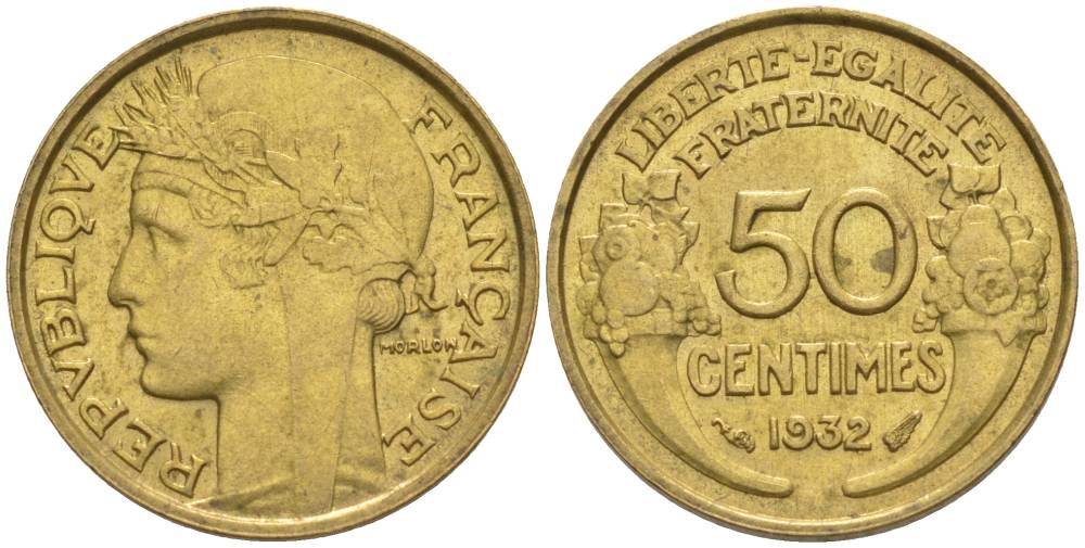 ФРАНЦИЯ 50 САНТИМОВ 1932 ТИП MORLON, OPEN 9, С ЯГОДОЙ KM 894.1, LE FRANC 192.7 алюминиевая бронза 44-664