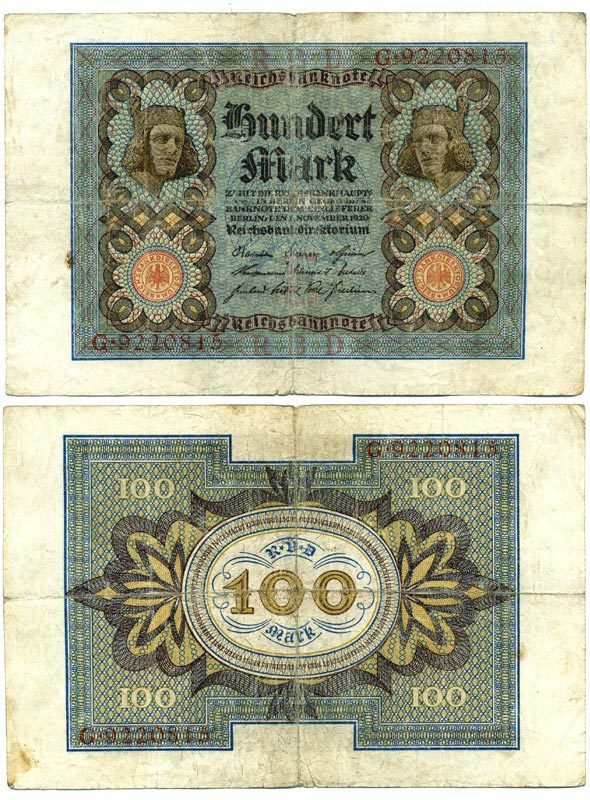 Германия 100 марок 1920 Бамбергский всадник, 7 цифр в номере Pick 69 a, Розенберг 67а  бумага 3295-113-2-2