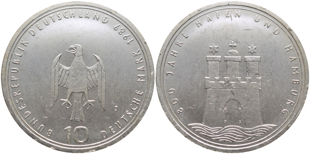 ФРГ 10 марок 1989 J, 800 лет порту Гамбурга J. 448, KM 171 серебро 109-732