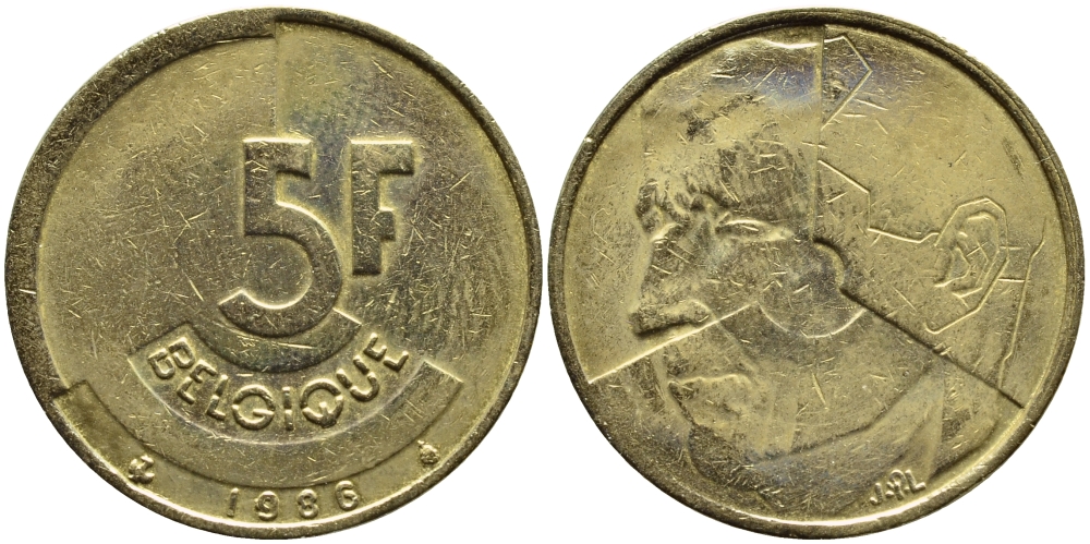 БЕЛЬГИЯ 5 ФРАНКОВ 1986 BELGIQUE KM 163 латунь или алюминевая бронза 4384-846