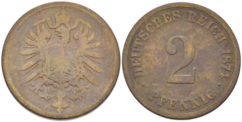 ГЕРМАНИЯ 2 ПФЕННИГА 1874 С, СТАРОГЕРБОВКА KM 2, J. 2, Weege 3 медь 212-456