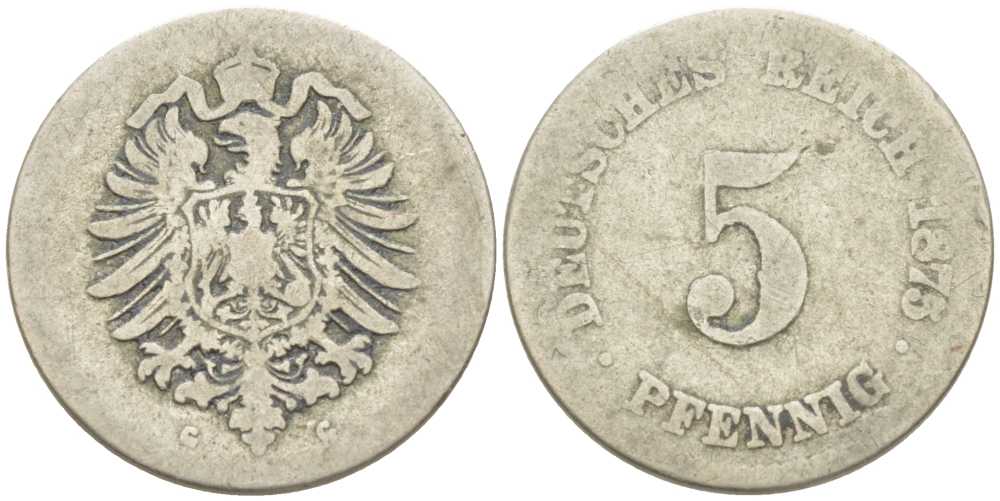 ГЕРМАНИЯ 5 ПФЕННИГОВ 1875 G, СТАРОГЕРБОВКА KM 3, J. 3, Weege 5 медно-никель 211-611
